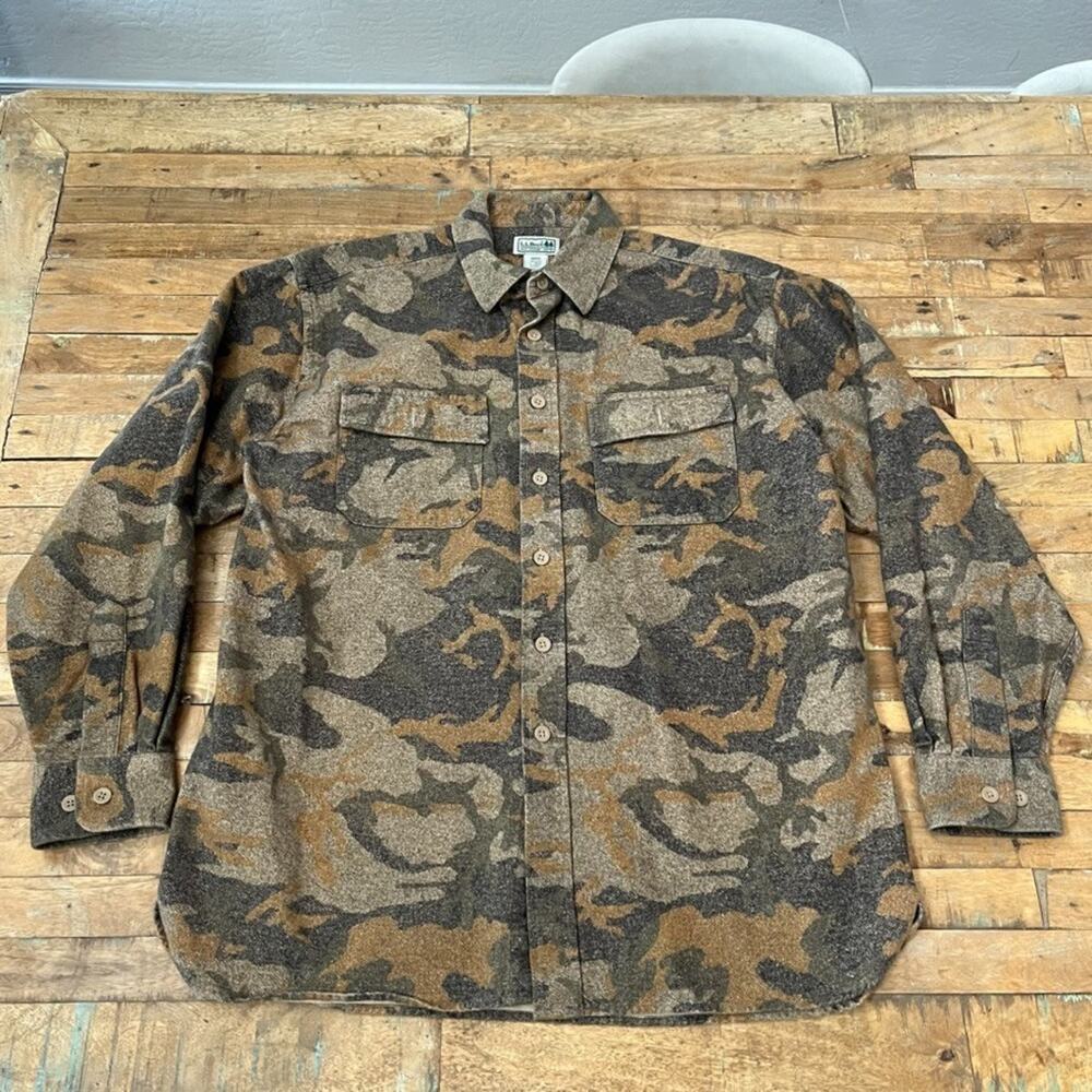 Vtg LL Bean Chamois Camo Shirt Mens Size L Regular Flannel Button Up Heavy